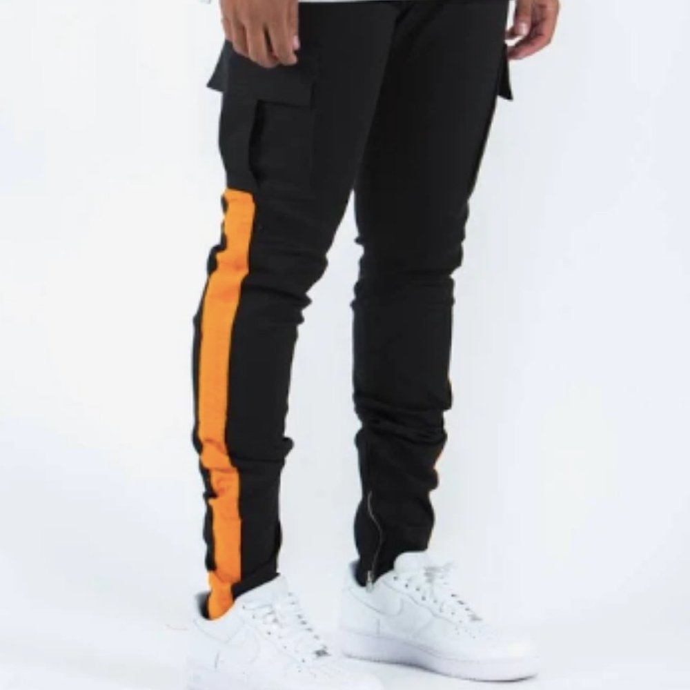 Golden denim black cargo side yellow stripe street style mens cargo pants